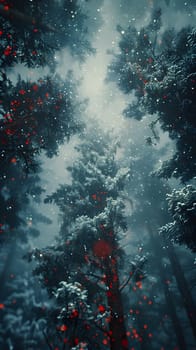 Observing a snowcovered forest with trees adorned in red berries is like marveling at a magical winter landscape under the dark sky