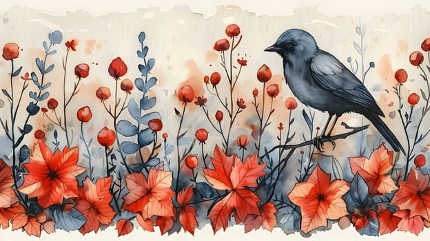 A bird is perched on a twig in a field of vibrant red flowers, with its beak delicately touching a petal. It looks like a scene from a beautiful painting in the creative arts event