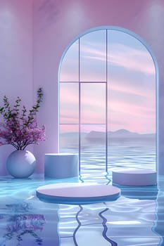 An interior design featuring a room with an azure window overlooking the aqua waters of the ocean, with a purple vase of violet flowers on the table