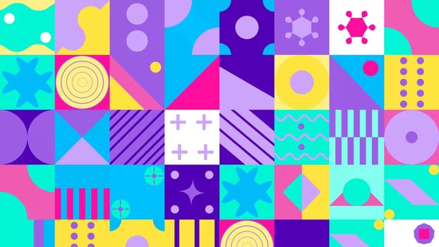 Seamless Pattern of Pop and Colorful Abstract Geometric Shape. Blue pink purple and yellow color.
