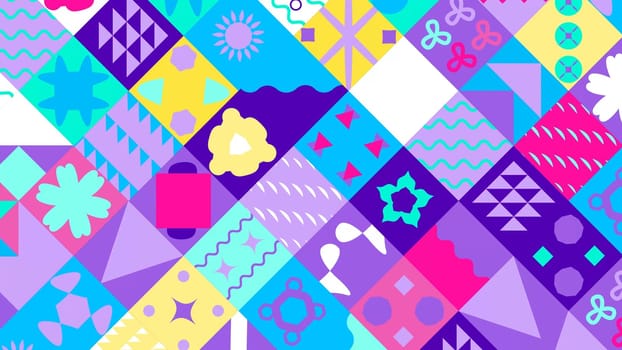 Seamless Pattern of Pop and Colorful Abstract Geometric Shape. Blue pink purple and yellow color.