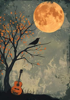 A musical instrument rests beneath a tree with a full moon in the orangepainted sky, blending art with nature in a serene natural landscape