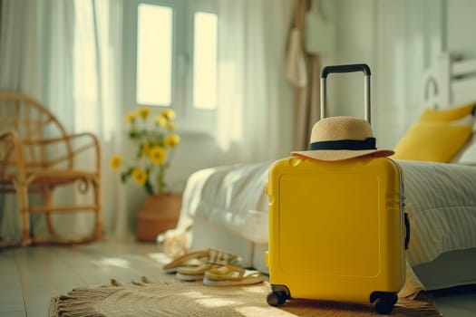 Traveler suitcase with hat on the bed in the bedroom, summer holiday, summer travel trip.