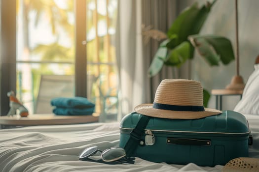 Traveler suitcase with hat on the bed in the bedroom, summer holiday, summer travel trip.