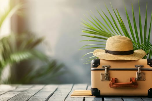 traveler suitcase and hat on summer holidays Background, summer travel trip.