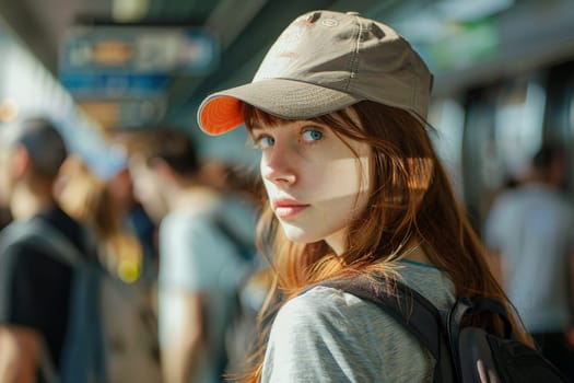 Lady traveler, portrait of beautiful woman waiting in the railway station.