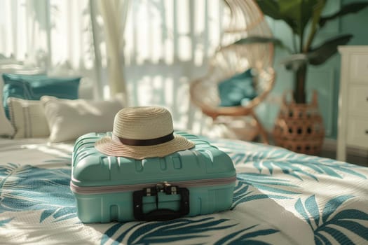 Traveler suitcase with hat on the bed in the bedroom, summer holiday, summer travel trip.