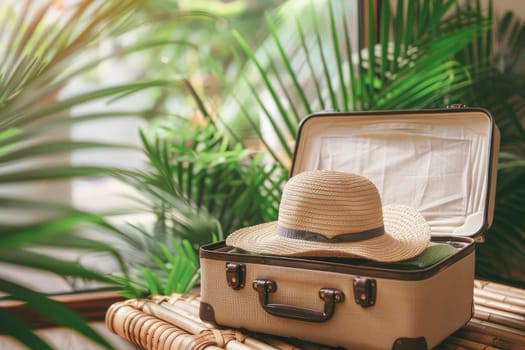 traveler suitcase and hat on summer holidays Background, summer travel trip.