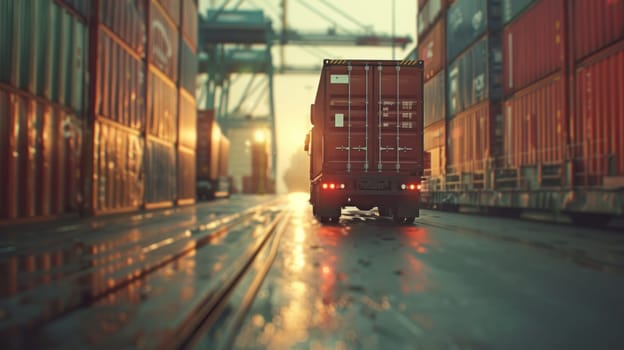 A red semi truck is driving down a wet road in front of a large container yard.