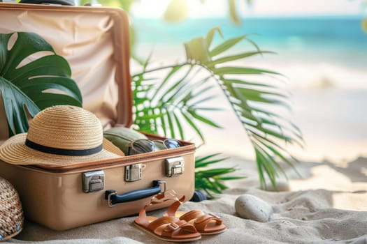 traveler suitcase and hat on summer holidays Background, summer travel trip.