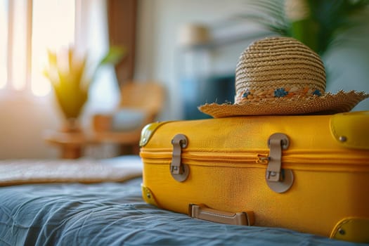 Traveler suitcase with hat on the bed in the bedroom, summer holiday, summer travel trip.