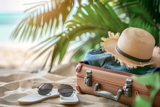 traveler suitcase and hat on summer holidays Background, summer travel trip.
