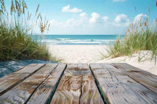 rustic wooden table at the beach with Summer theme background with decorations.