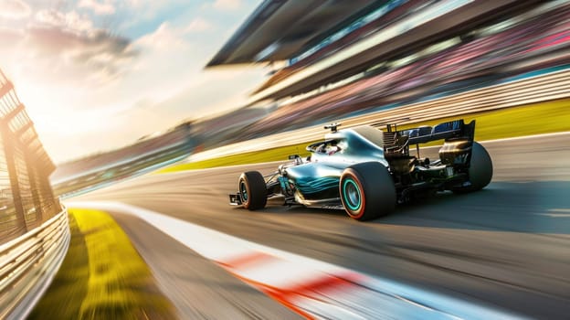 A race car is speeding down a track.