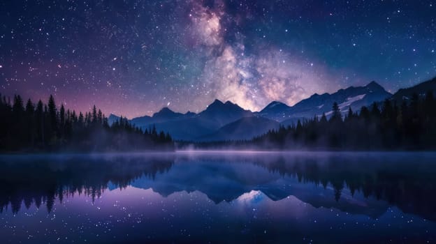A beautiful night sky with a lake and mountains in the background. The stars are shining brightly and the sky is a deep blue color. The scene is peaceful and serene