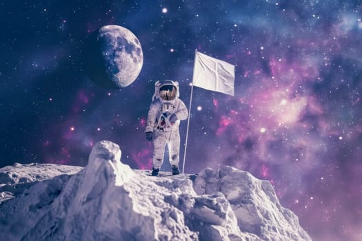 A man in a spacesuit stands on a moon like surface holding a white flag.