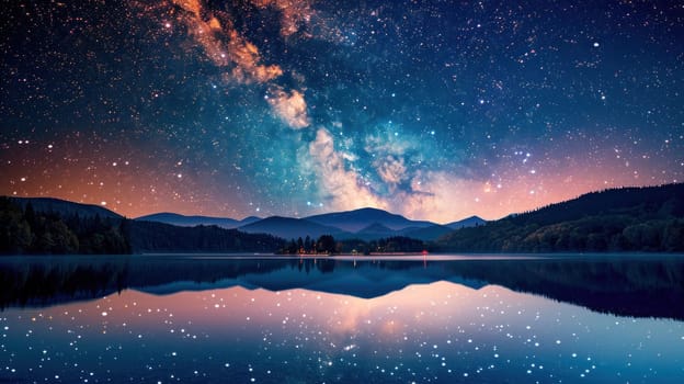 A beautiful night sky with a lake and mountains in the background.