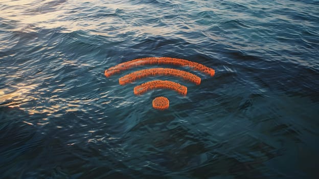 Using electric blue paint, a wifi symbol is creatively depicted on the liquid surface of a body of water, blending with the landscape and wind waves
