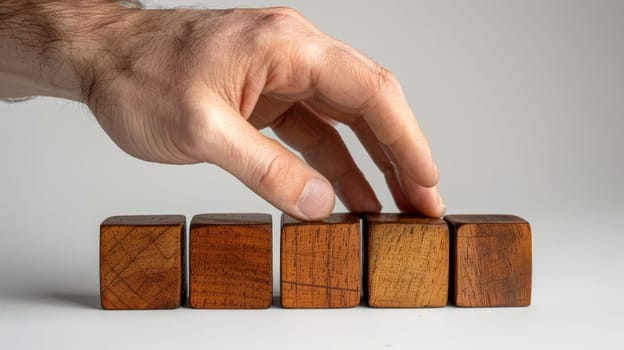 wooden cube block on hand man for mockup . generative AI..