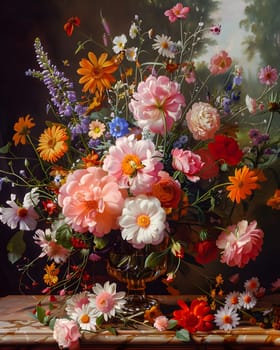 A beautiful painting capturing a bouquet of flowers in a vase on a table, showcasing the art of flower arranging and the creativity in using artificial flowers to create a stunning piece of art