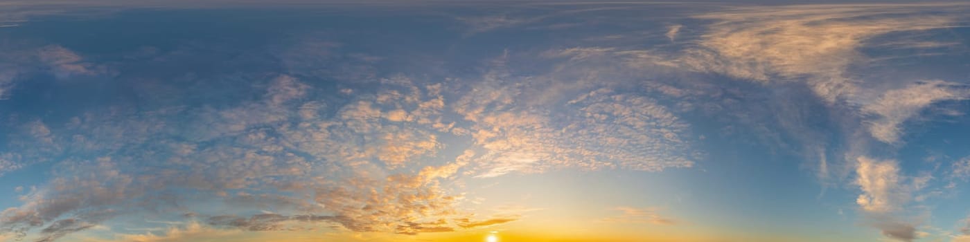 Dark blue sunset sky panorama with pink Cumulus clouds. Seamless hdr 360 pano in spherical equirectangular format. Full zenith for 3D visualization, game, sky replacement for aerial drone panoramas