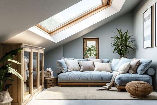 A living room in a house featuring a couch and a skylight in the ceiling. The room has wood flooring and a window as a fixture