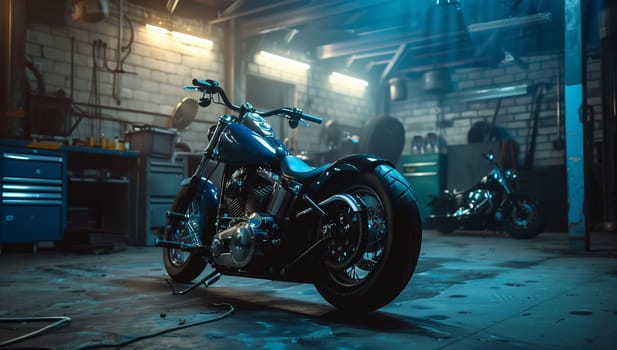 A blue motorcycle with automotive lighting is parked in a dark garage, its automotive tires resting on the cold concrete floor
