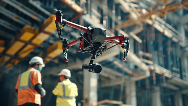 Two construction workers in hard hats observed a drone flying over the building site, marveling at the aerial view of the construction project