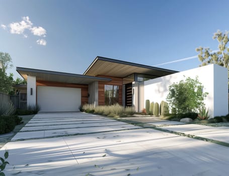 A contemporary house with a sleek facade, driveway, and a door surrounded by plants and trees under a clear sky