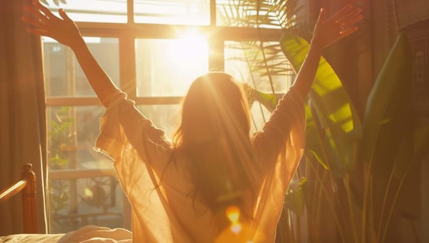 a woman is standing in front of a window with her arms outstretched . High quality