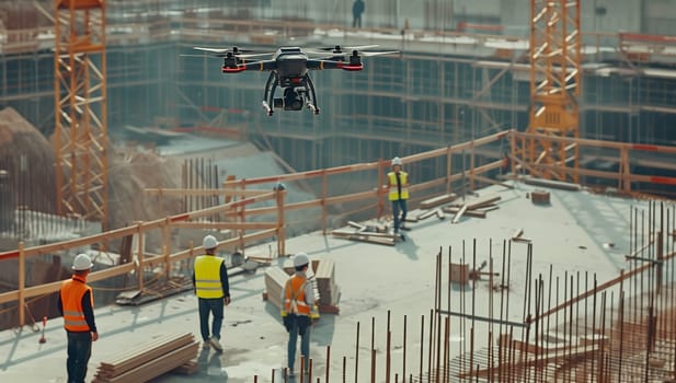 A drone is capturing aerial footage of a construction site near a city, showcasing water bodies, buildings, vehicles, asphalt, urban design, fences, and recreational areas