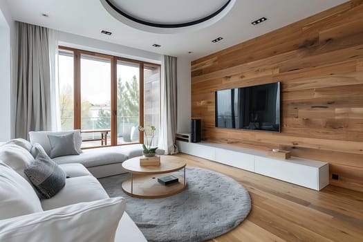 A cozy living room in a house featuring a wooden wall with a flat screen TV mounted on it. The interior design includes hardwood furniture and a large window