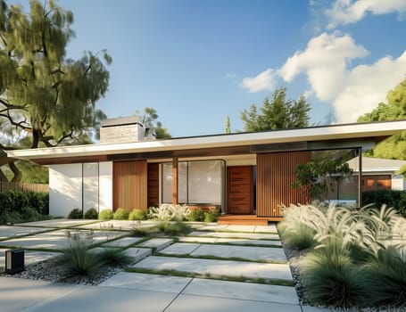 A contemporary house with a sleek facade, surrounded by lush greenery and a concrete driveway. The sky is dotted with fluffy clouds, adding charm to the modern building