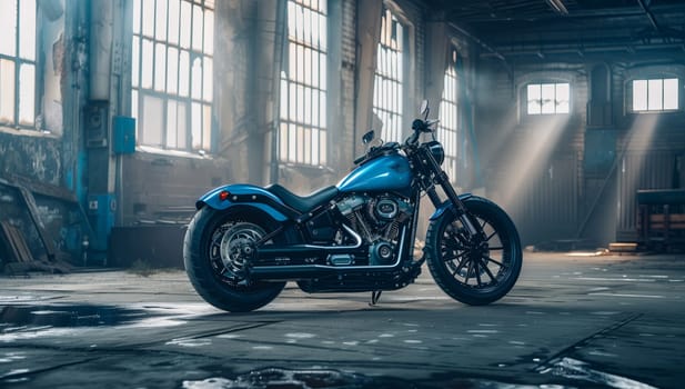 A blue Harley Davidson motorcycle with a sleek treaded tire and shiny rim is parked in a vacant building, showcasing its automotive design