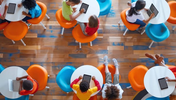 Children gathered around tables in a world of technology, engrossed in tablets. The orange and yellow hues of the screens add a touch of fun and leisure to their recreational time