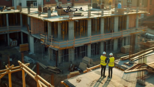 Two construction workers are perched on top of a building, overseeing the progress of a new condominium under construction