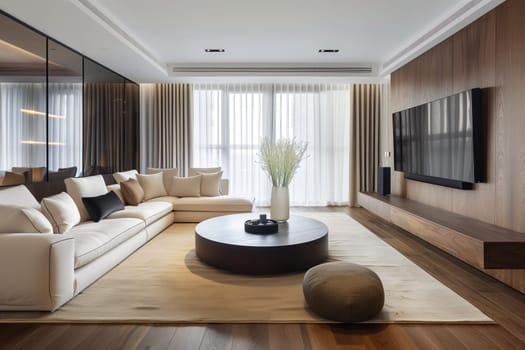 The living room in this property is adorned with furniture and features a flat screen TV. The wood flooring complements the interior design