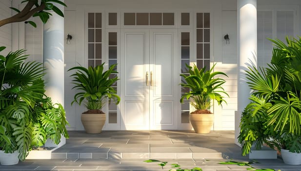 A house with potted plants decorating the front, adding a touch of nature to the property. The greenery enhances the buildings exterior, creating a welcoming atmosphere