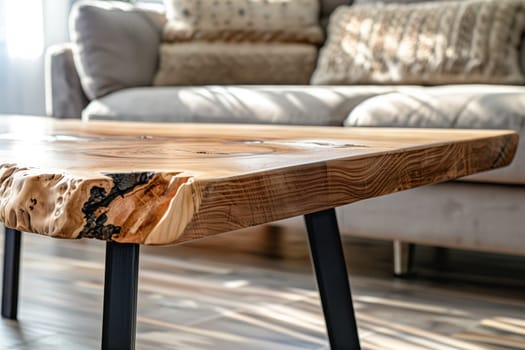 A wooden rectangle table is placed in a living room next to a couch. The hardwood furniture complements the flooring in the room
