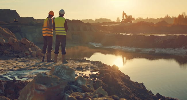 Two construction workers stand on a hill admiring a natural landscape of water, sky, and light. The tranquil lake below and vast horizon offer a peaceful escape from their work