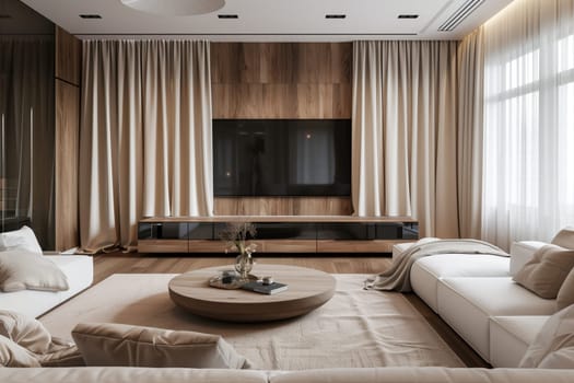 A cozy living room with brown furniture including a couch, coffee table, and television. The interior design features curtains, flooring, and comfort