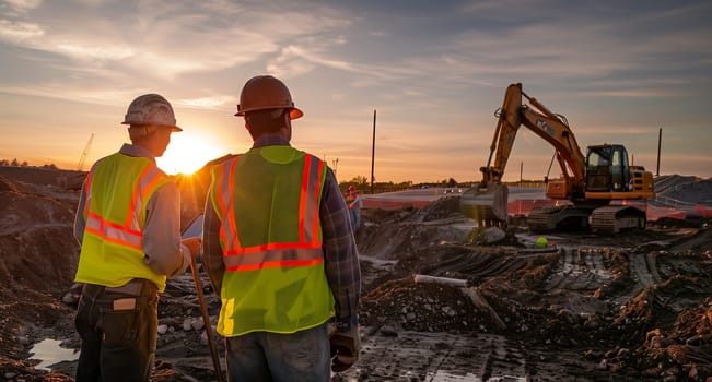 Two construction workers in highvisibility clothing and helmets are standing on a construction site at sunset, overlooking the landscape with the sky filled with clouds