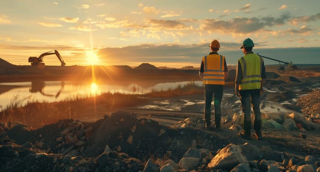 Two construction workers are gazing at the sunset on a construction site, taking in the natural landscape with colorful clouds in the sky