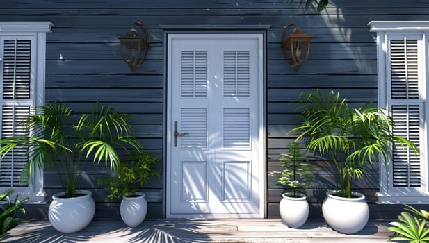 A charming building with a white wooden door and flowerpots on the porch, surrounded by lush green plants and window fixtures