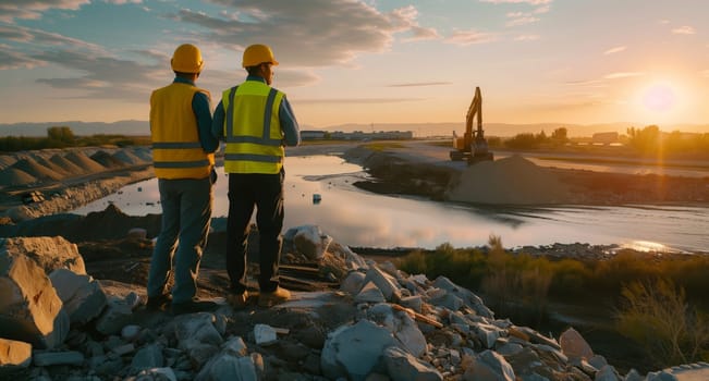 Two construction workers admire the natural landscape of a rocky hill overlooking a river at sunset, with the sky painted in hues of orange and pink