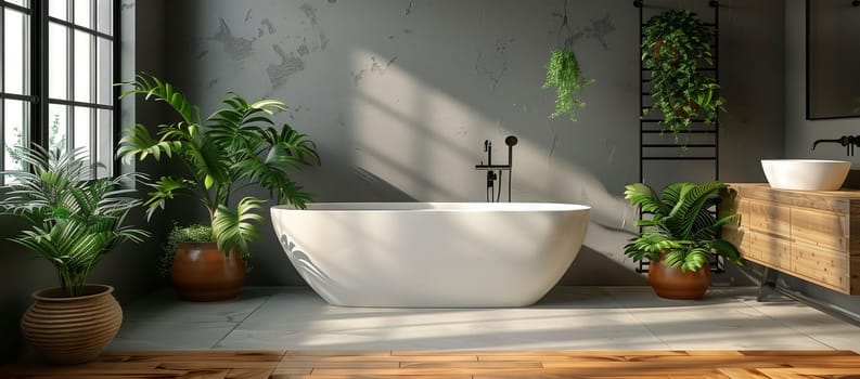 A bathroom featuring a bathtub, sink, and potted plants with houseplants in flowerpots. The room is adorned with hardwood flooring and a rectangleshaped mirror above the sink