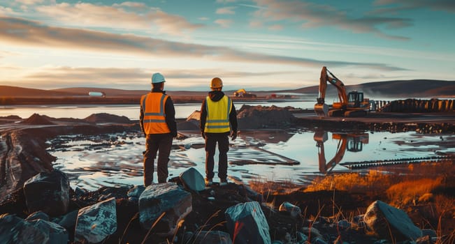 Two construction workers stand on a rocky hill, gazing at the tranquil lake below. The vast sky and fluffy clouds create a picturesque natural landscape