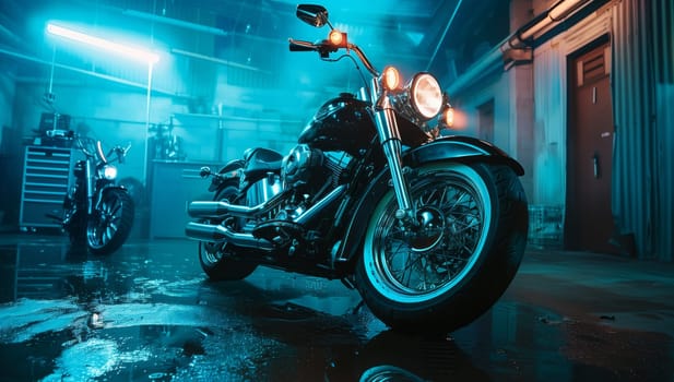 Two motorcycles with their tires and wheels are parked in a garage at night, their automotive lighting illuminating the space
