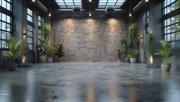 A spacious room in a building filled with houseplants, natural light from many windows, and potted plants scattered throughout the flooring