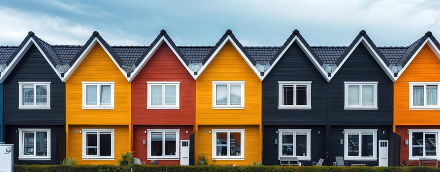 A row of vibrant houses with unique fixtures and colorful doors are neatly lined up on a residential area lot, set against a blue sky and lush green grass